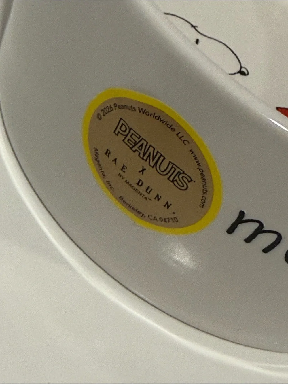 Rae Dunn Peanuts White Ceramic Bowl with Yellow Accent and Snoopy Artwork